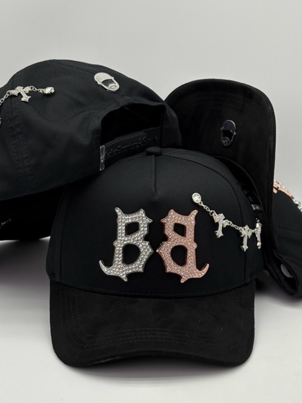 Black Embellished Baseball Cap with Rhinestone 'BB' Accent